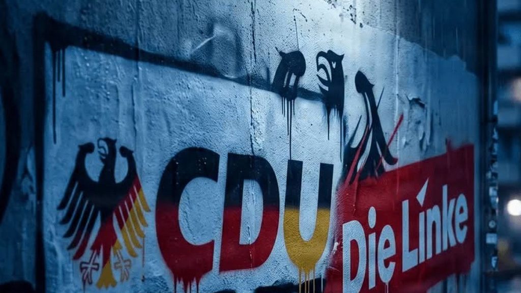 Új típusú demokrácia épül Németországban? – A CDU a Baloldallal szövetkezhet az AfD ellen Utalás a CDU és Die Linke szövetségére falfirka formájában